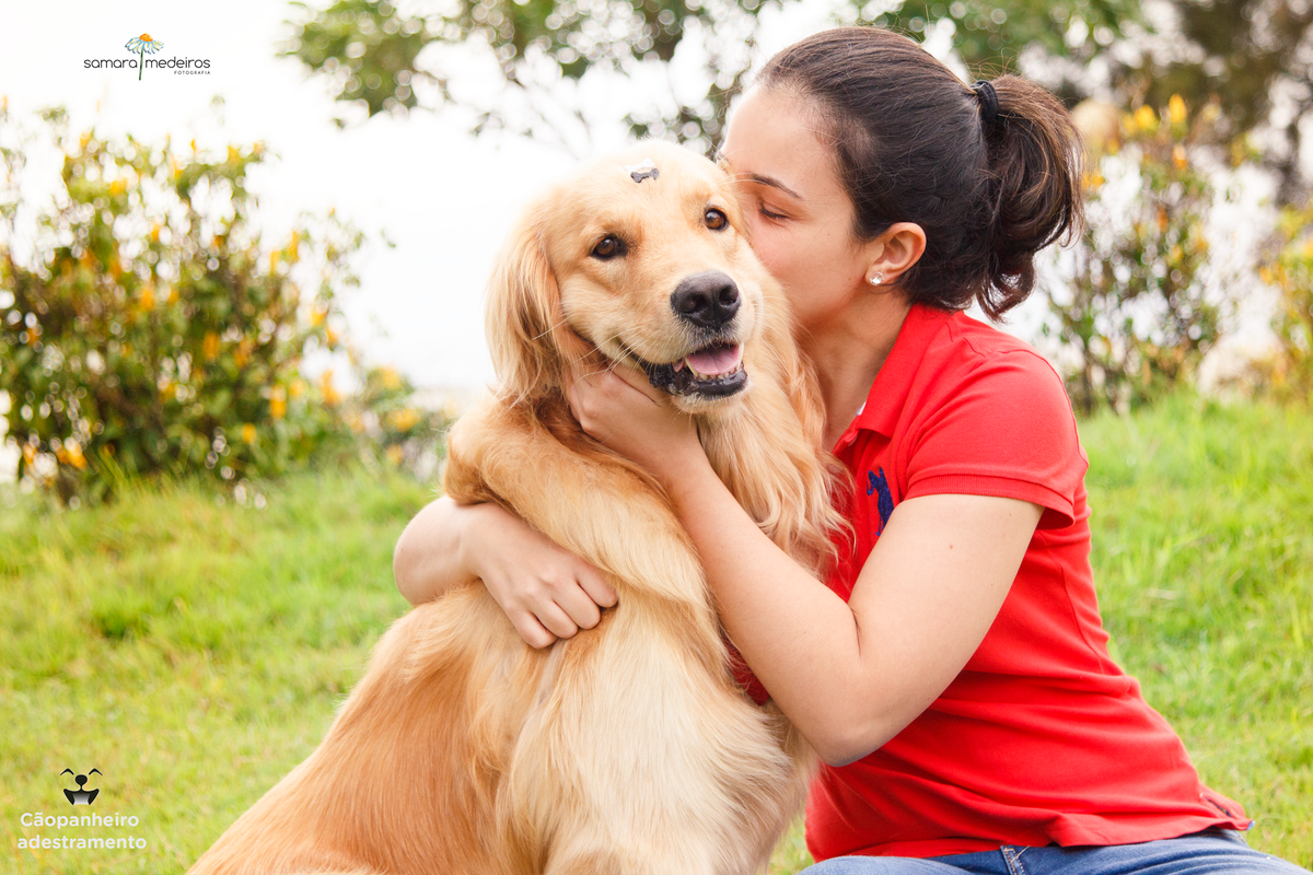 Cachorro golden ganhando um beijo de sua tutora, ambos sentados na grama com algumas árvores e arbustos no fundo.