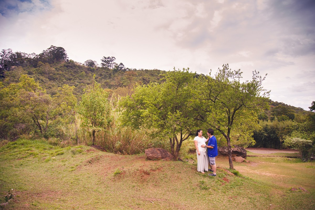 Casal distante, em meio a árvores de um parque em Belo Horizonte, com montanhas ao fundo.
