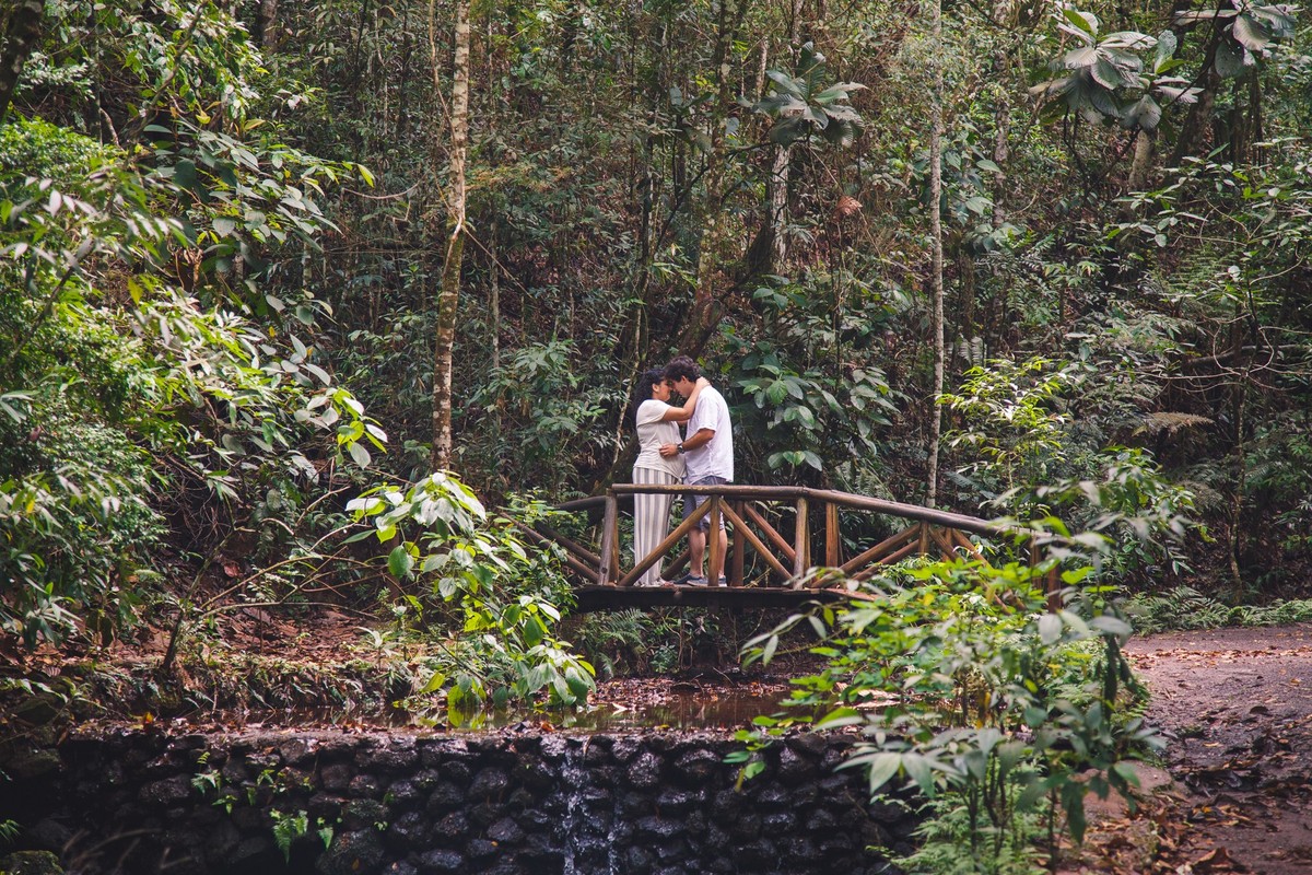 Casal em uma ponte de madeira, de frente um para o outro, se abraçando, em ensaio de gestante.