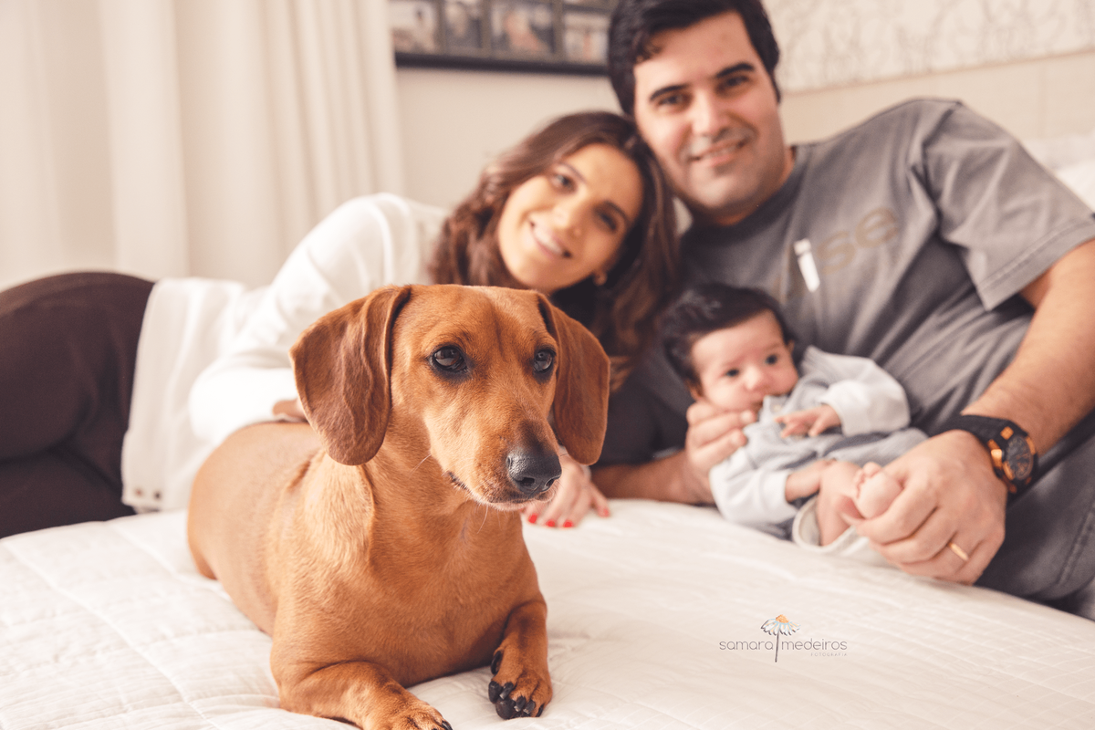 Família reunida na cama, em segundo plano, levemente desfocados, pai, mãe e bebê recém nascido e em primeiro plano a pet da família, uma cachorra dachshund.