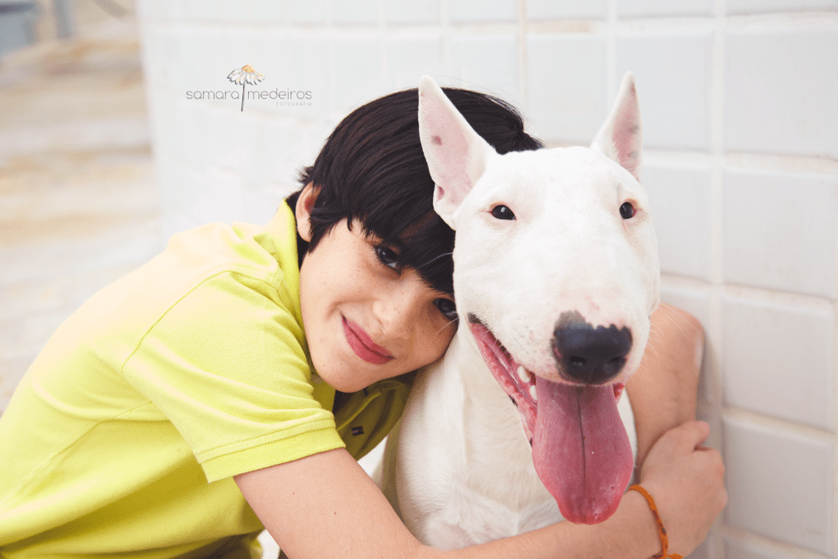 Criança e bull terrier posando para a foto do ensaio pet. A criança abraça o pescoço do cachorro e sorri, enquanto o cão está com a língua para fora como se sorrisse.