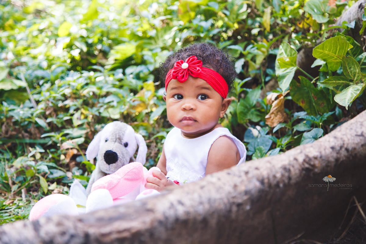 Bebê de 1 ano sentada em um parque de Belo Horizonte, junto a seus bichinhos de pelúcia, ao lado de uma árvore.