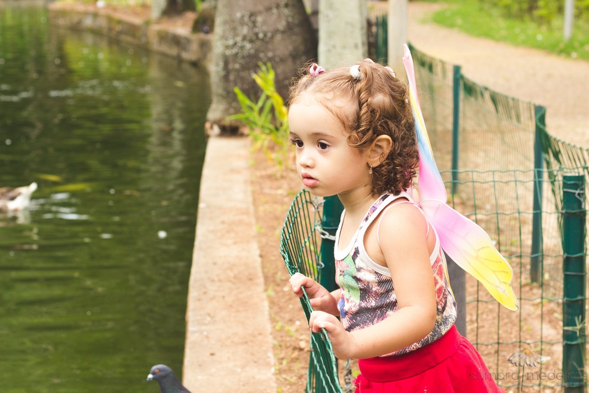 Criança vendo patos nadando no parque municipal de Belo Horizonte.