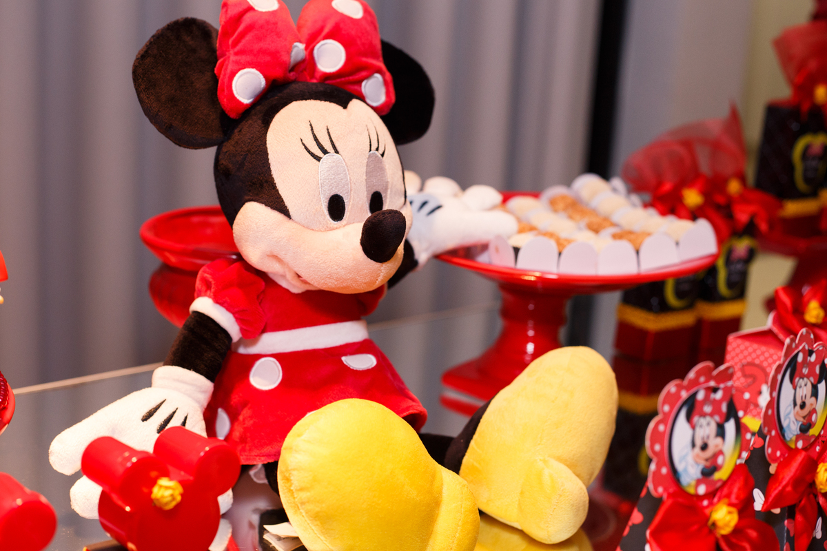 Decoração aniversário infantil mesa do bolo, Minnie vermelha.