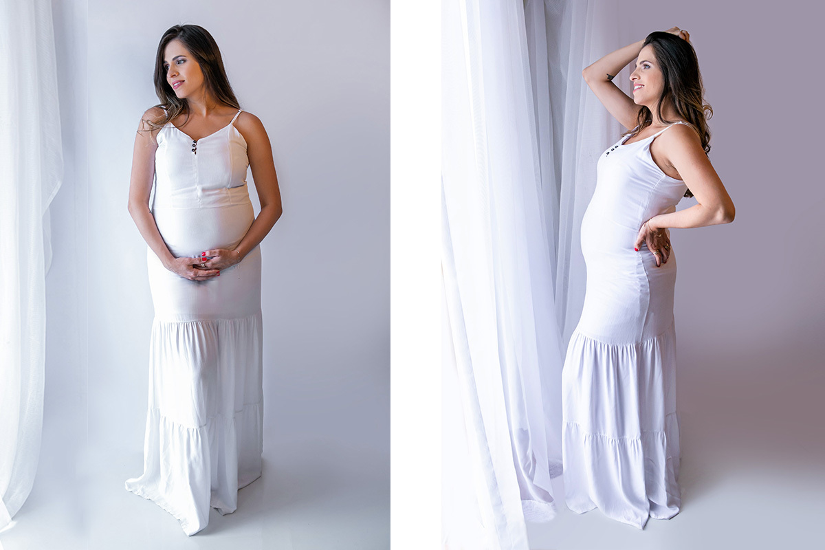 vestidos para ensaio de gestante roupas claras para fotos no estúdio de maternidade fotografias com luz natural em estúdio da luciana faria em poços
