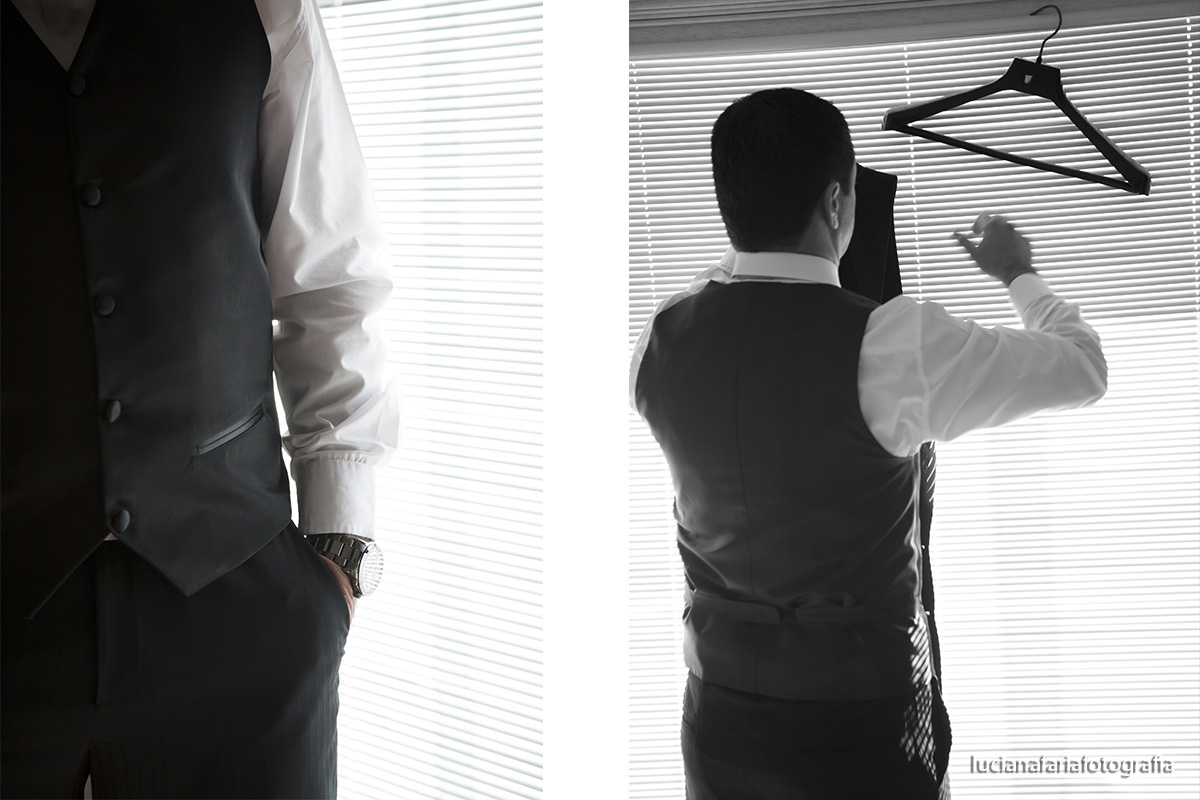 noivo pronto, colete do noivo, terno do noivo, fotografia de casamento, momento de ir para a igreja