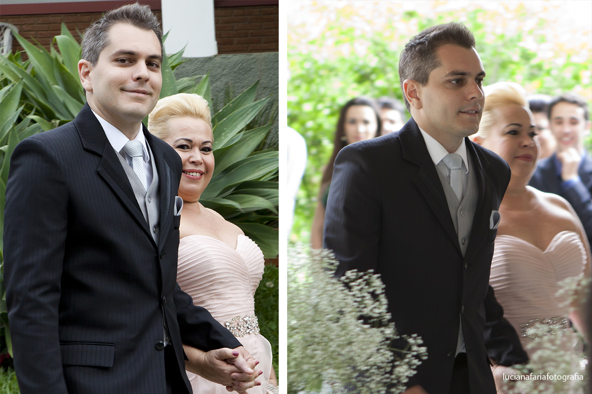 noivo, entrada do noivo, noivo com a mãe, terno, mãe do noivo, colete cinza, de dia, casar, casamento de tarde, luz natural, externo