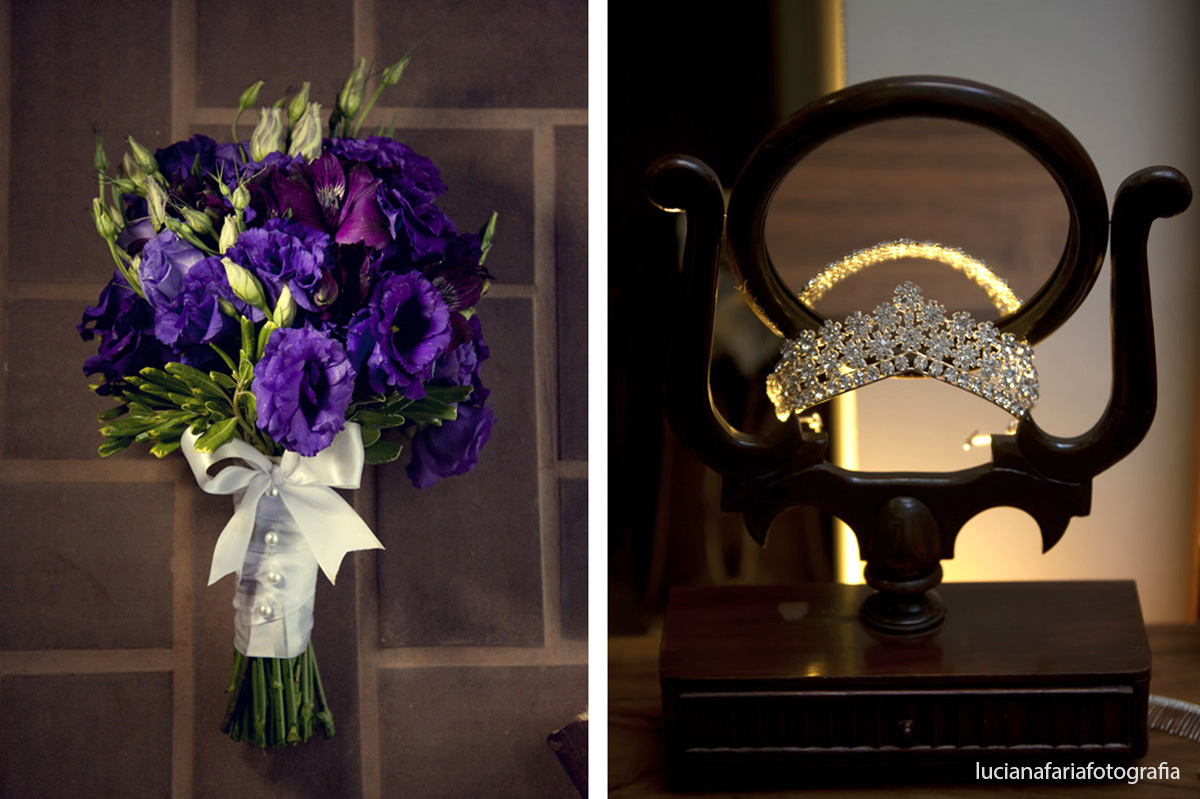 buquê da noiva, flores rochas, azul, laço no buquê, espelho, tiara de princesa, cristais, making of, casamento, wedding, dia da noiva