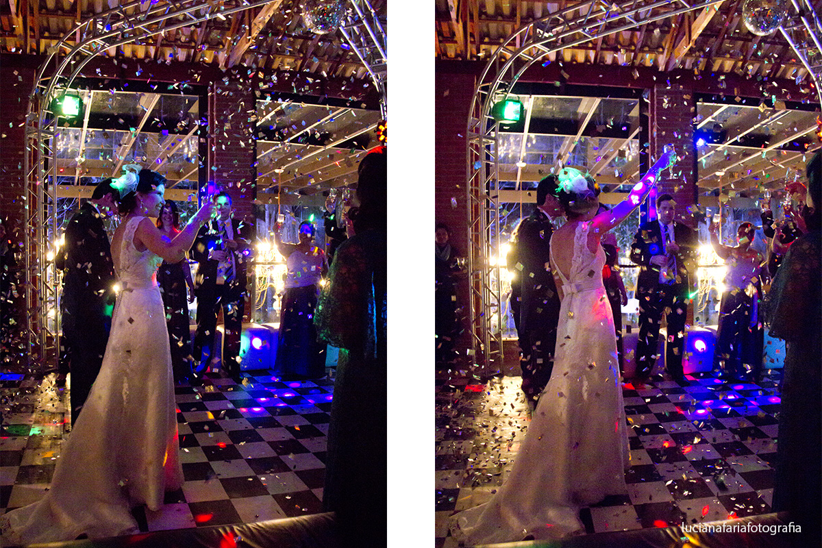 chuva de prata na entrada da festa iluminação colorida da festa de casamento brinde dos noivos no salão lafarme poços de caldas fotografa de casamento luciana faria linda entrada dos noivos