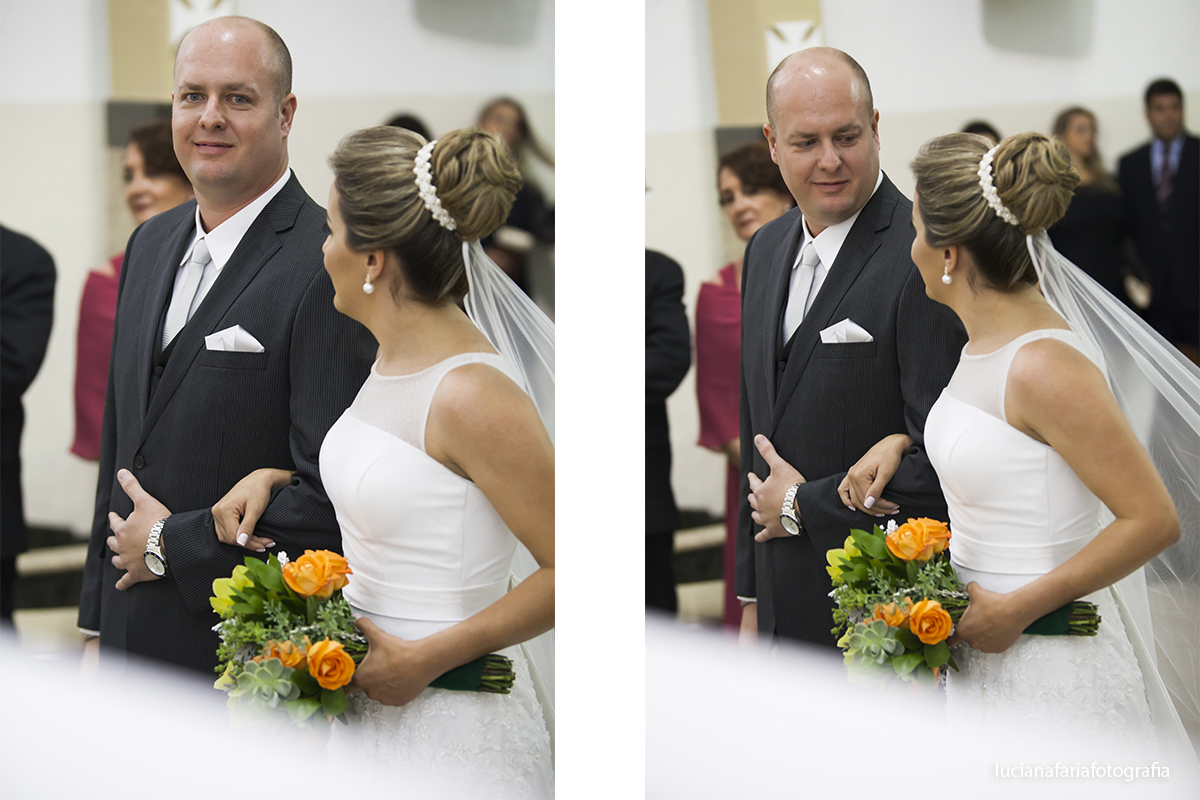 casal de noivos no altar olhar do noivo para a noiva ao se encontrarem registro de Luciana Faria fotografia
