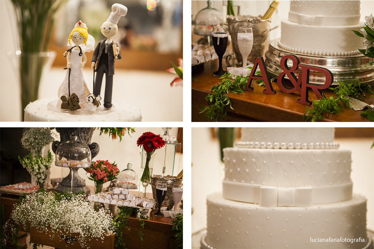 mesa do bolo com detalhes do bolo da noiva mesa e noivinhos no topo do bolo