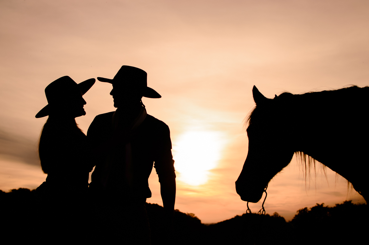 silhueta de casal e seu cavalo 