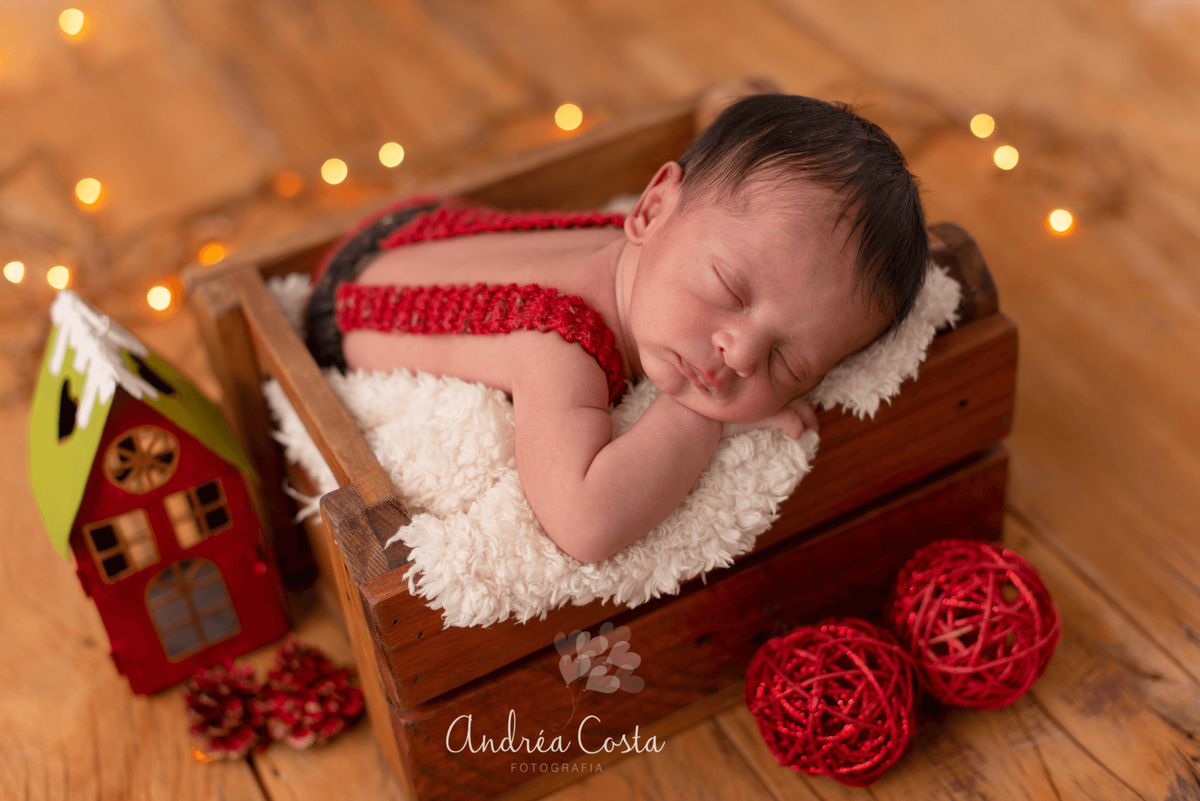 benjamim dentro do caixotinho com roupinha de natal em ensaio newborn realizado por Andréa Costa