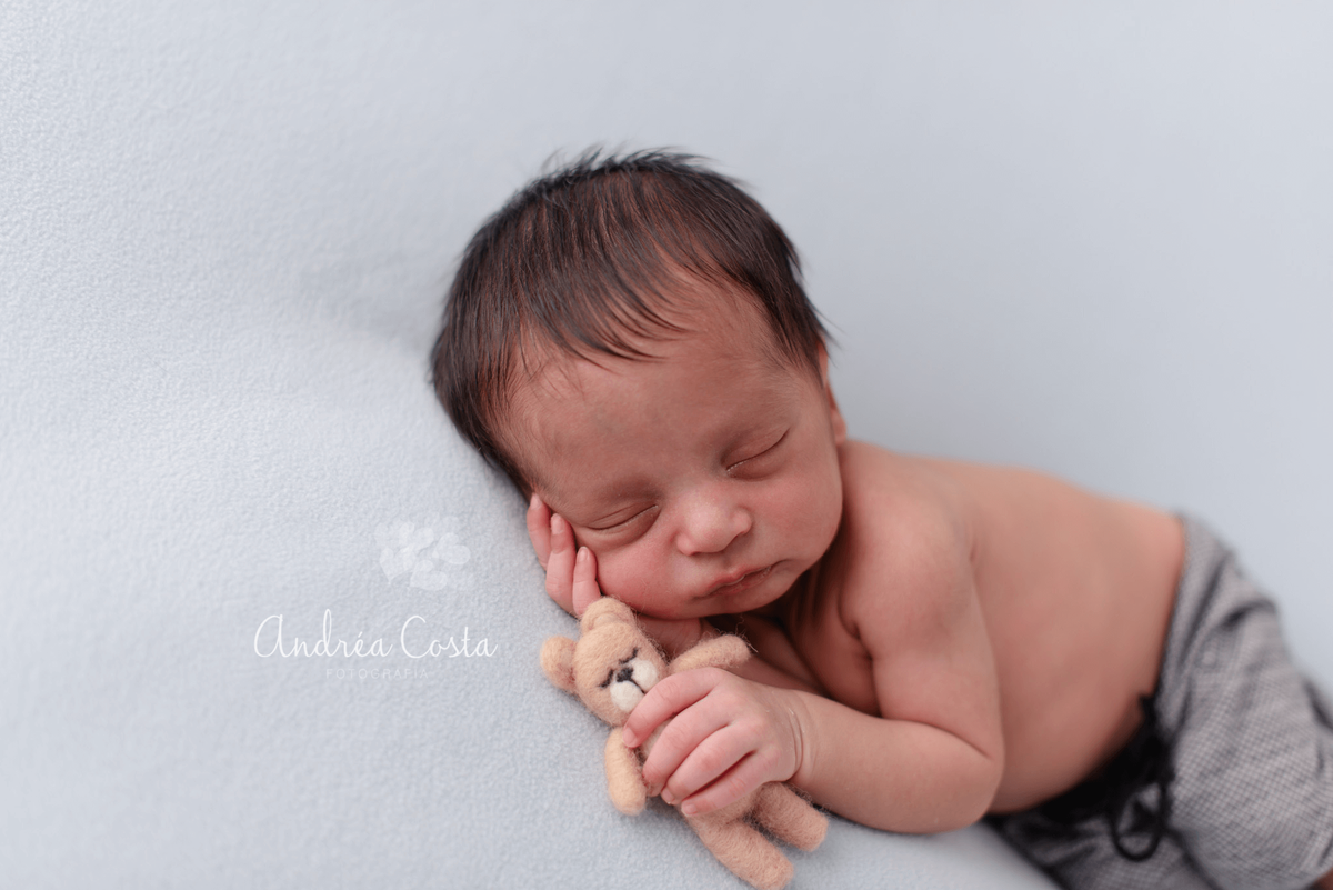 bebê segurando um ursinho em book newborn na Barra da Tijuca, por Andréa Costa