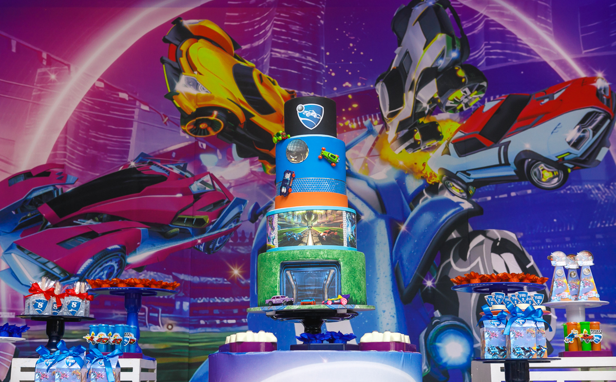 Decoração mesa-bolo Rocket League-Villa Recreio-Casa de festas-rj