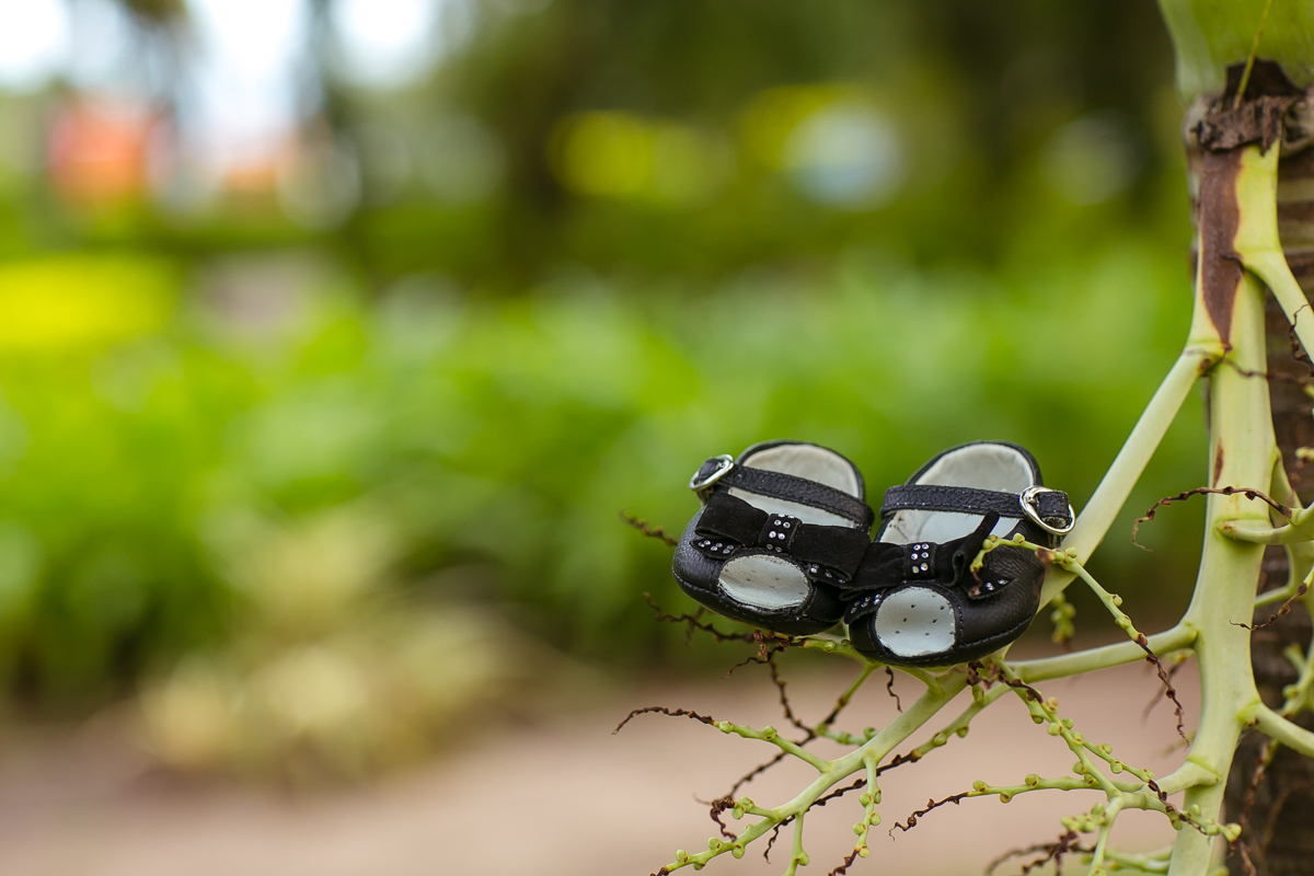 Foto de sapatinho preto na  árvore  em ensaio gestante condomínio 