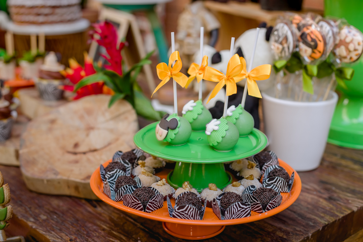 Bandejas coloridas em festa Safari no Espaço Pitanga Pitangueira Casa de festas