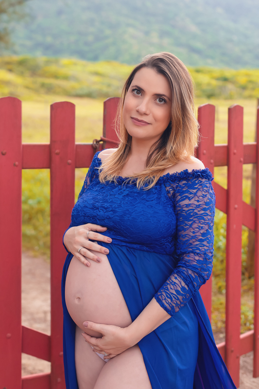 Ensaio de gestante externo em cenário com portão de madeira vermelho em Grumari/RJ