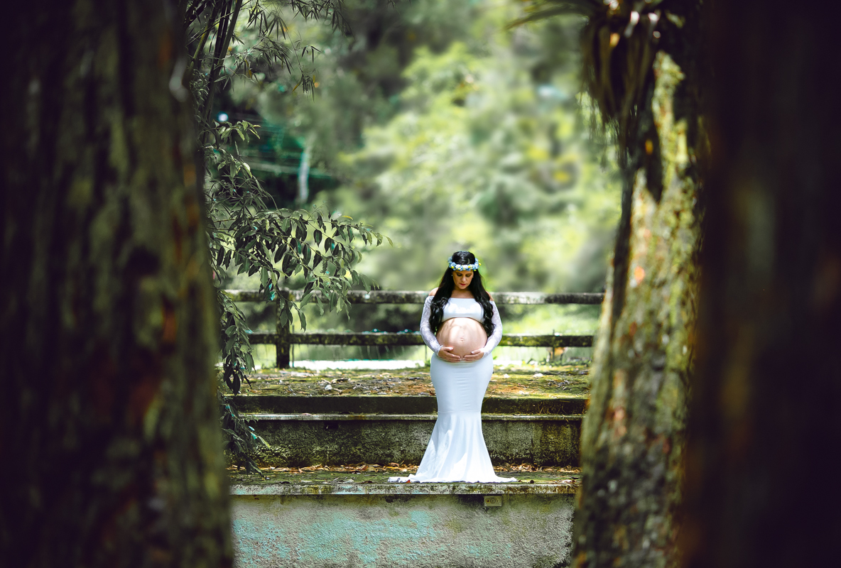 Gestante em meio as árvores em seu ensaio de fotos no Parque Crémerie /Petrópolis-RJ