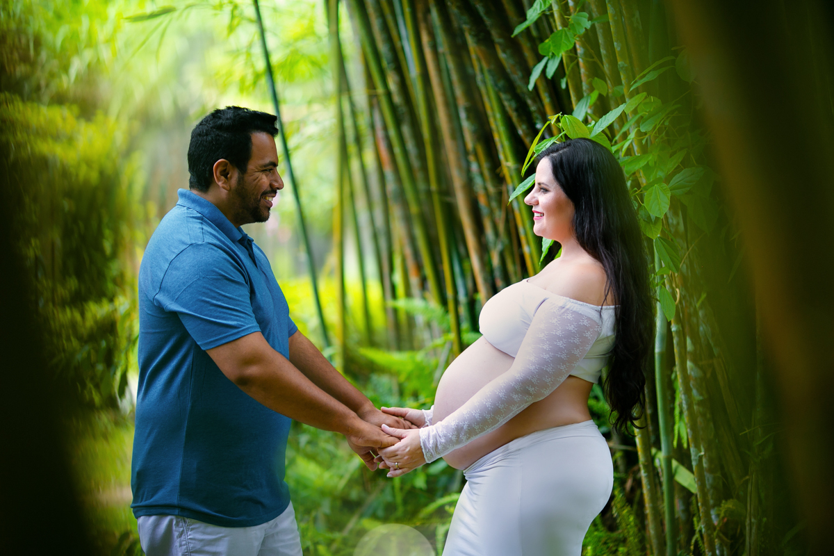 Gestante segurando as mãos do esposo em ensaio ao fundo lindo  verde do Parque Crémerie/RJ