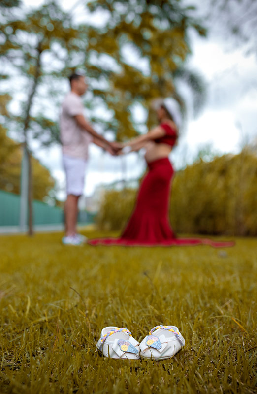 ensaio afetivo  de gestante ao fundo esposo de mãos s dadas junto com gestante em ensaio externo-rj