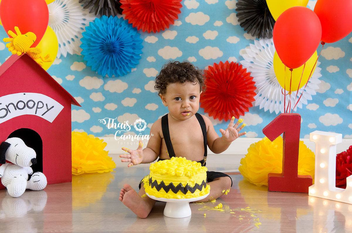 Cake Smash - Smash the cake - Snoopy - ensaio com bolo - Rio de Janeiro, RJ - Thaís Camara Fotografia