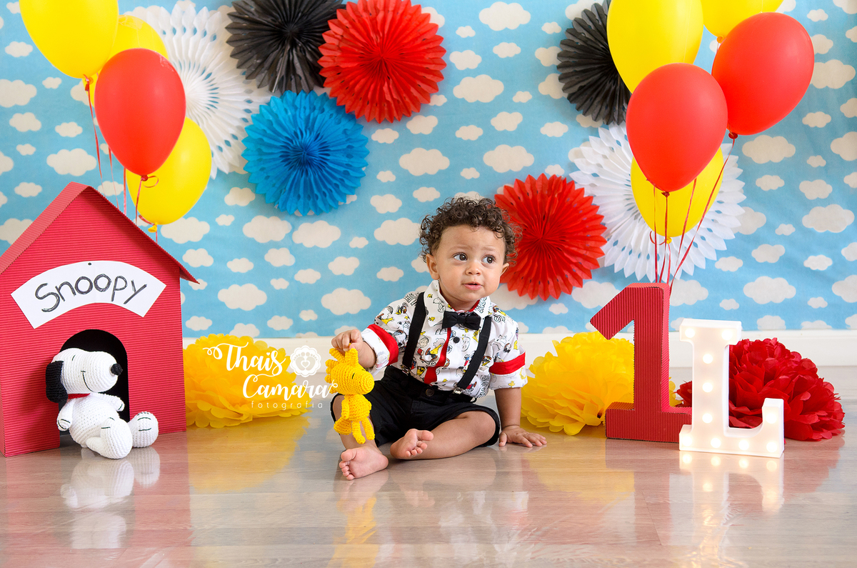 Cake Smash - Smash the cake - Snoopy - ensaio com bolo - Rio de Janeiro, RJ - Thaís Camara Fotografia