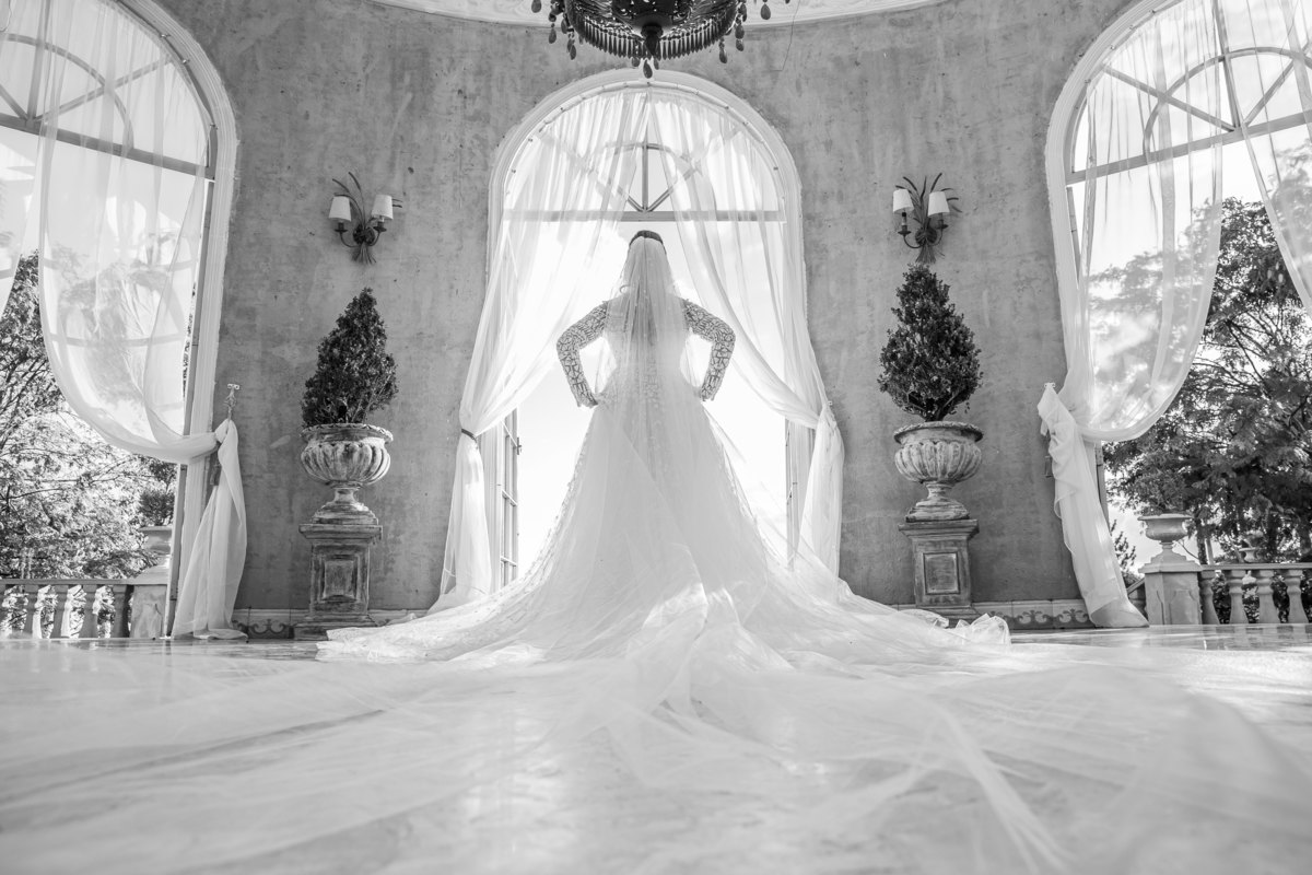 Que foto linda! Em pb, a noiva de costas com toda a decoração do pallazo. Sandro Andrade é fotógrafo no  DF e possui um olhar único, um verdadeiro artista.