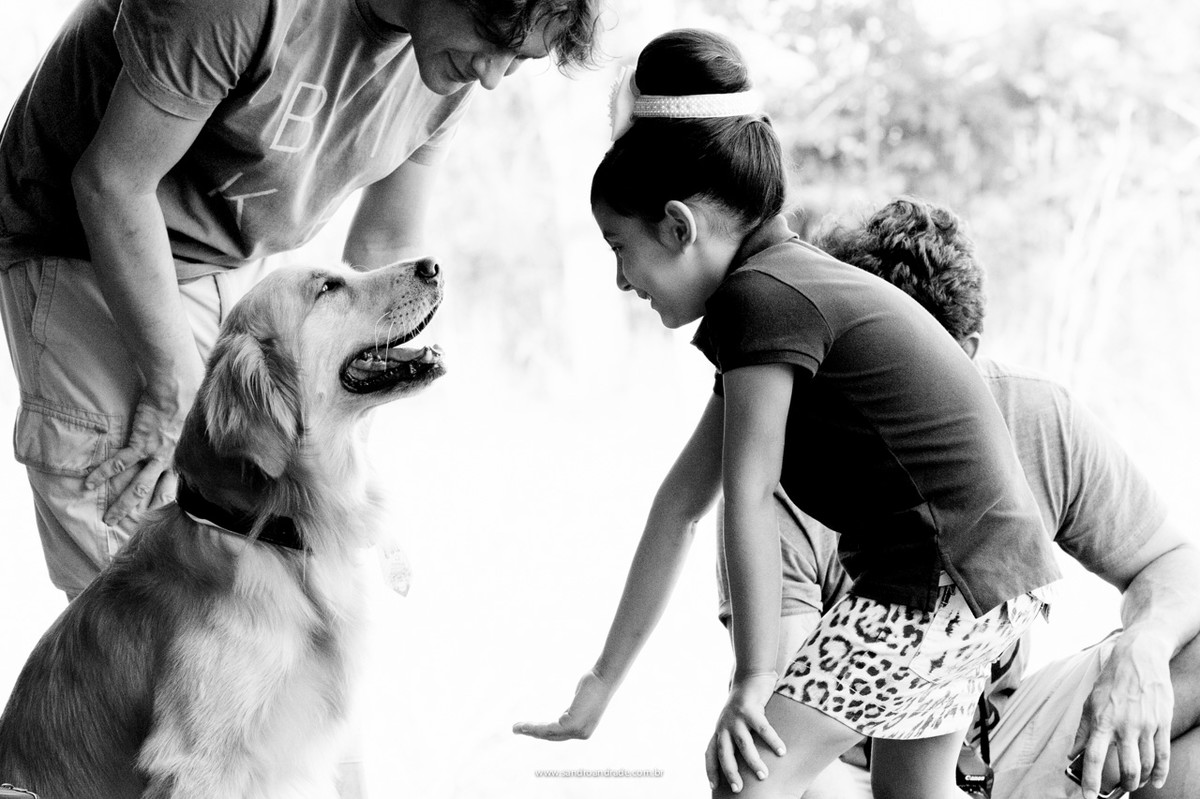 Linda fotografia feita por Sandro Andrade no casamento de Larissa e Murilo, o noivo com seu cachorrinho que levou as alianças ate o altar e a daminha tenta fazer um carinho nele.