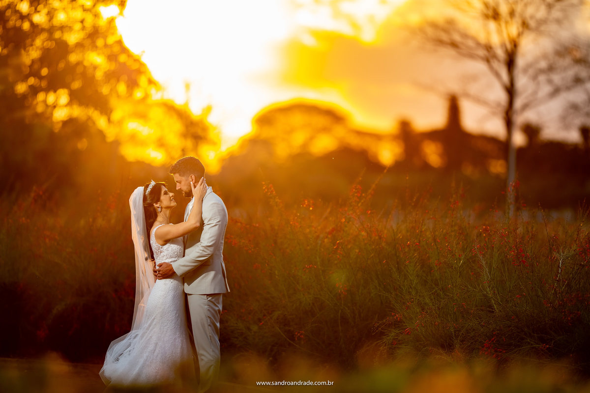 Luiza e Michell estão de frente um para o outro, no meio das flores e o por do sol maravilhoso de Bsb ao fundo. Linda imagem de Sandro Andrade fotógrafo de casamento do DF.