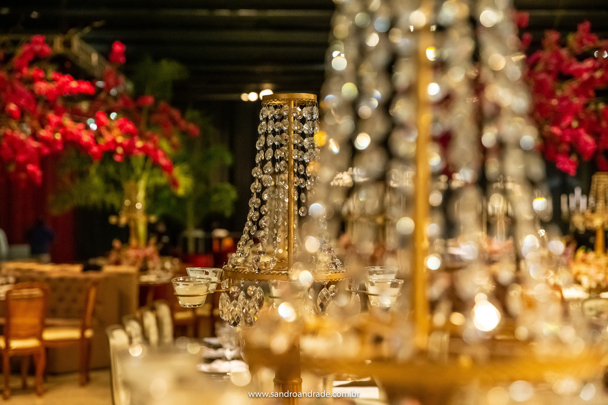 Na decoração foi usada lindas árvores com flores secas rosa choque.