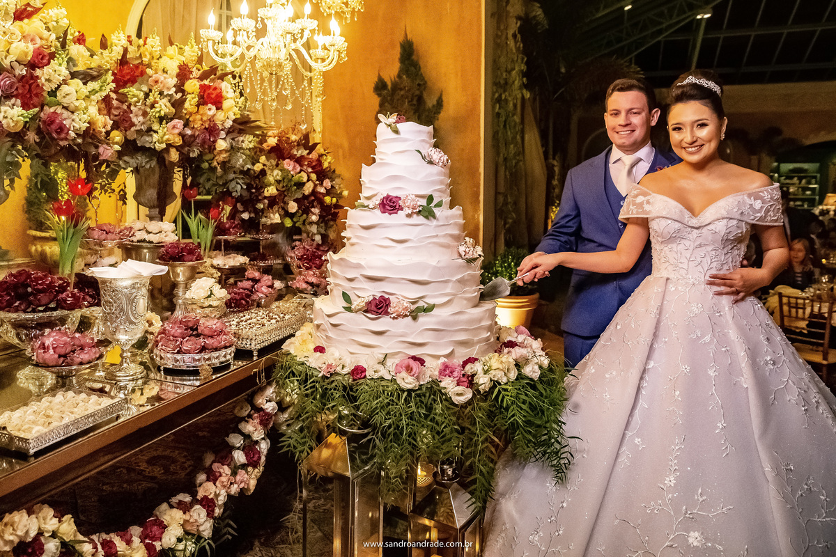 Os noivos estão cortando o colo, mas antes pose para a foto, fotografia tradicional na mesa do bolo.