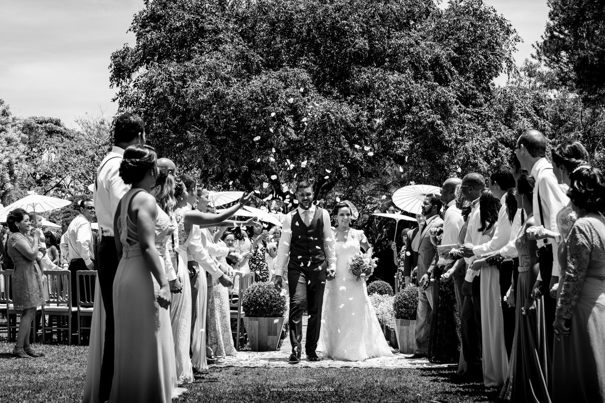 Saída dos noivos com muitas pétalas de rosas, que significa amor