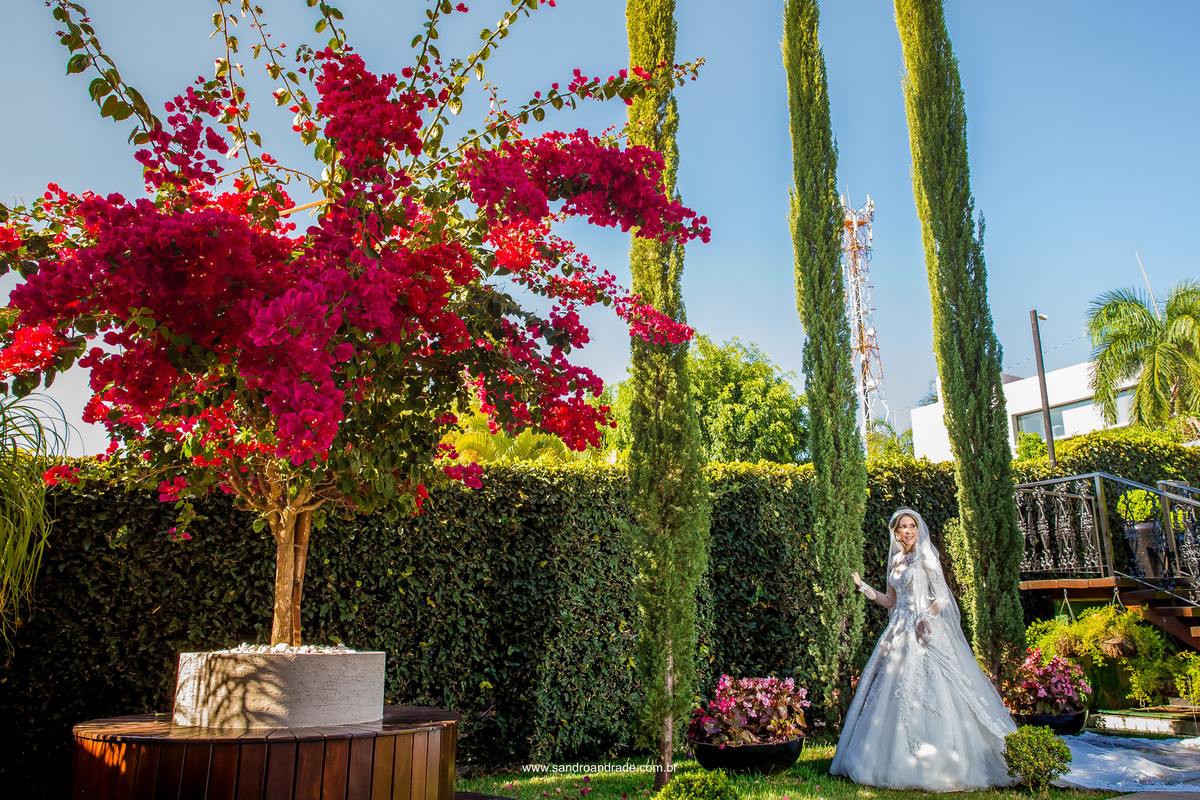 Em meio as plantas, a noiva Daiane está de pé sorrindo e contando os dias para a chegada do seu grande dia.