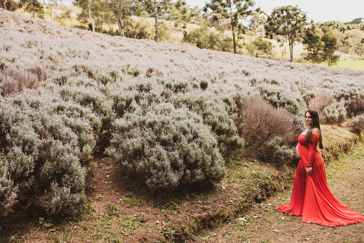 gravida com roupa vermelha em ensaio fotografado por paula freitas fotografia em cunha sp