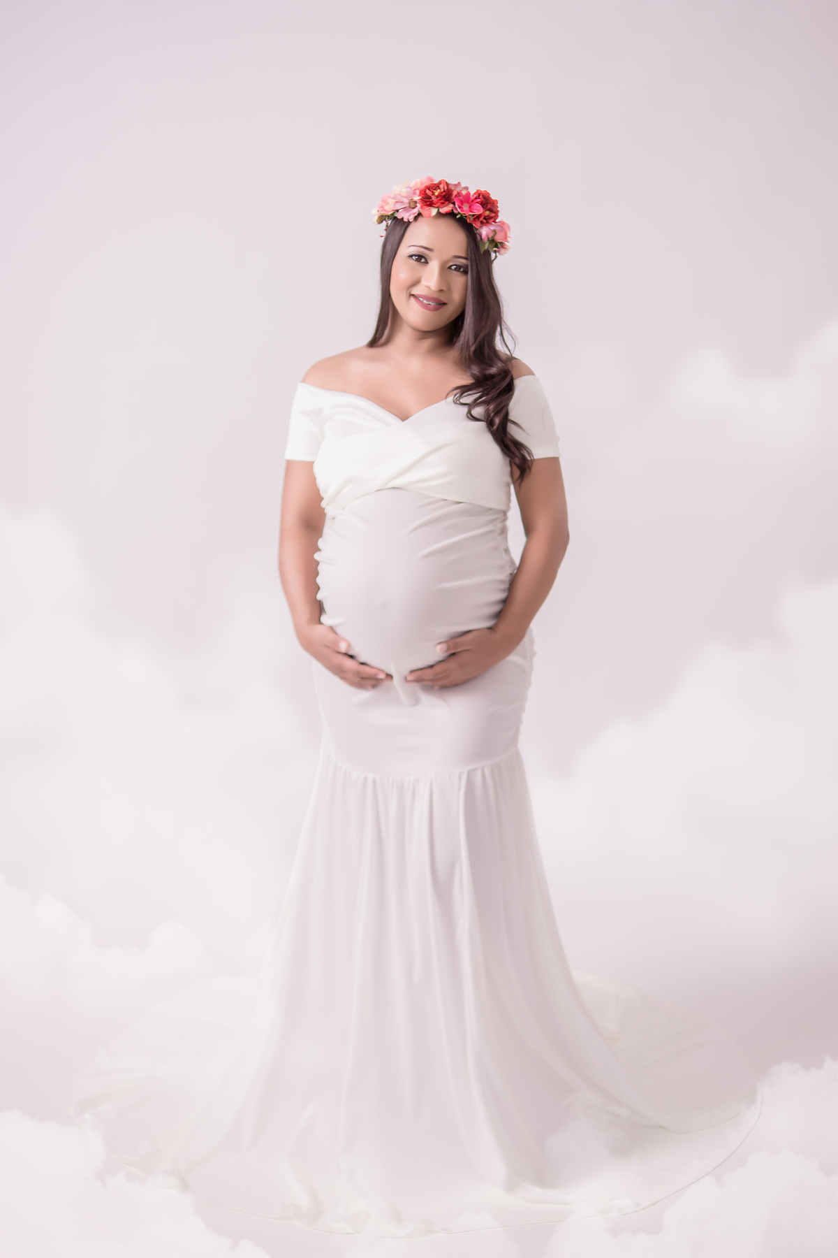 gestante vestido branco céu