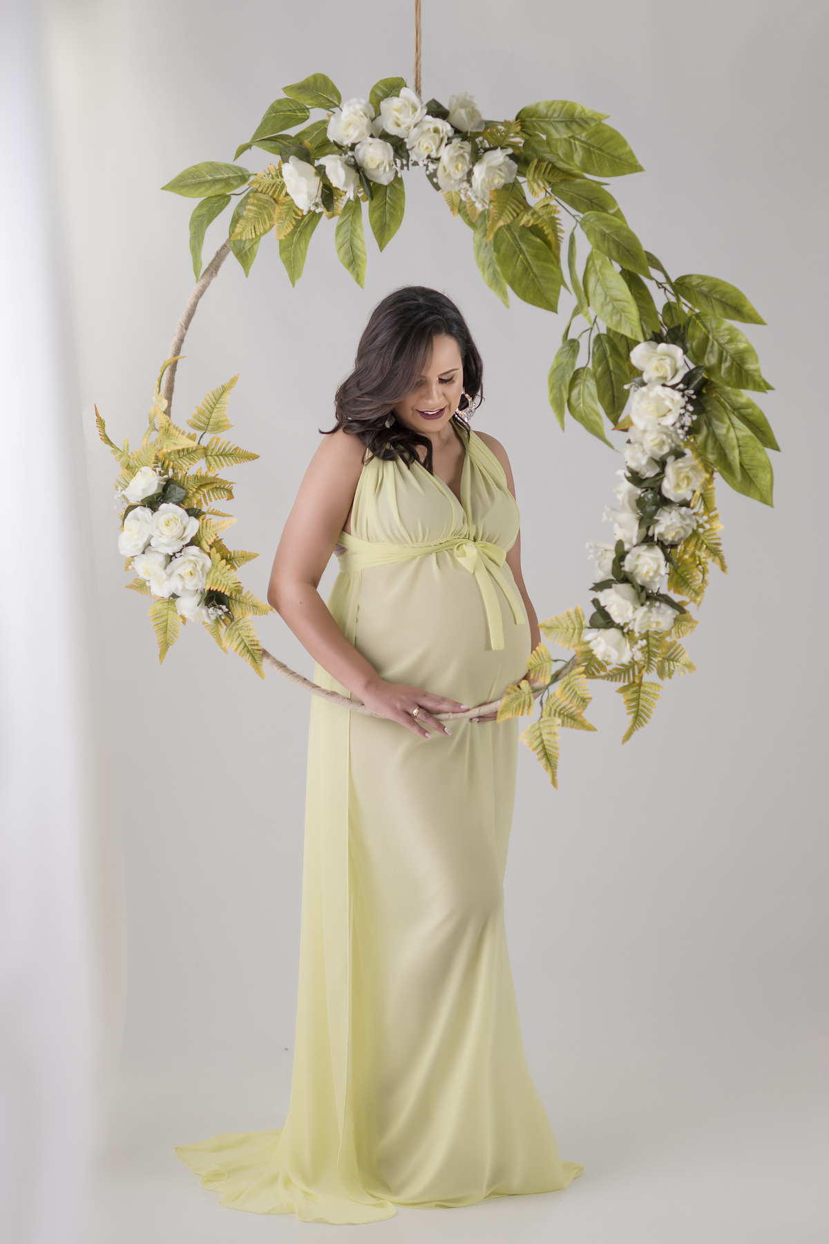vestido de gestante amarelo Balanço de flores