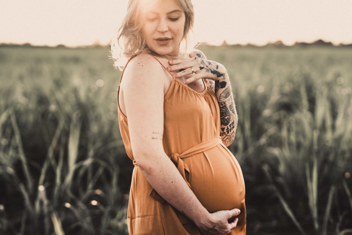 gestante grávida no pôr do sol