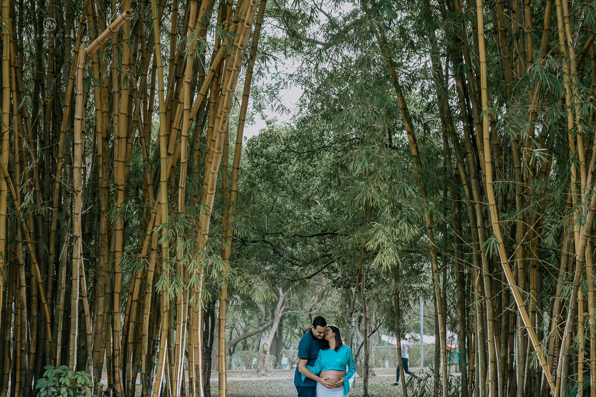 Ensaio gestante feito no parque do ibirapuera com verde folhas flotes e arvores ensaio gestante