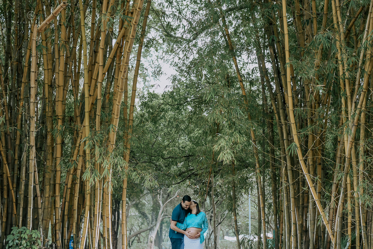 Ensaio gestante feito no parque do ibirapuera com verde folhas flotes e arvores ensaio gestante
