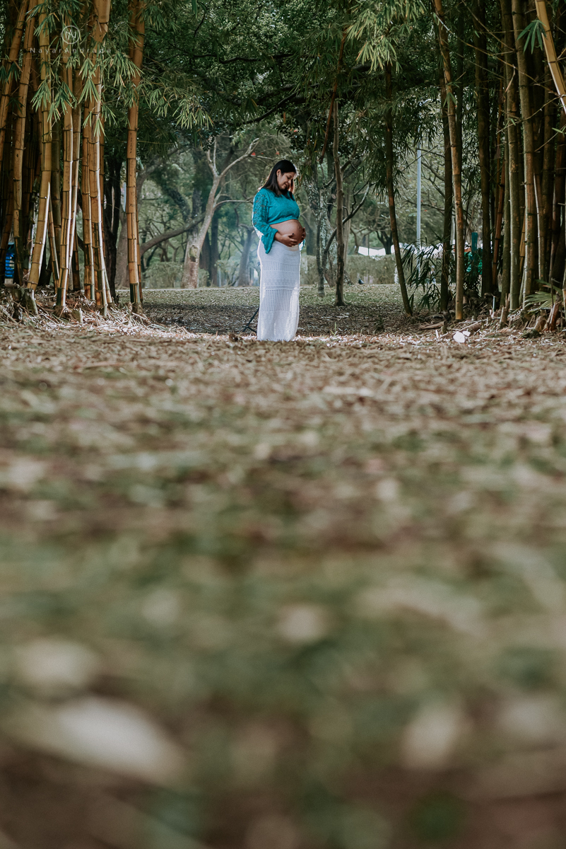 Ensaio gestante feito no parque do ibirapuera com verde folhas flotes e arvores ensaio gestante