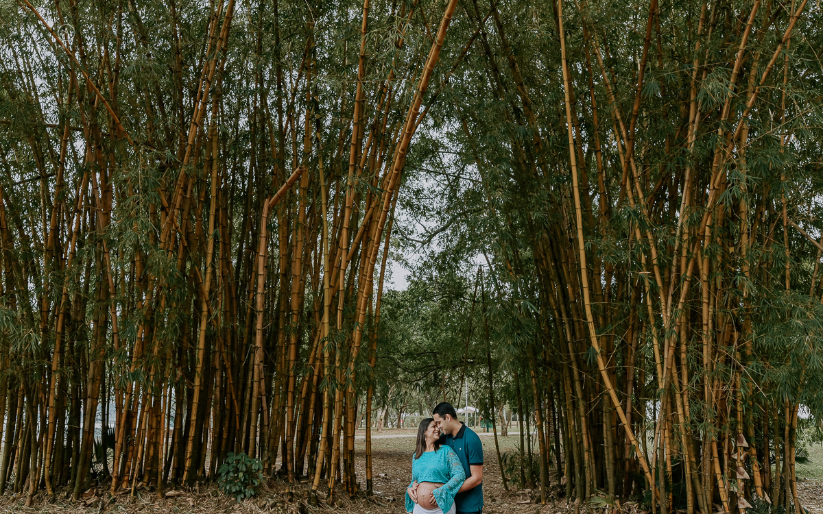 Ensaio gestante feito no parque do ibirapuera com verde folhas flotes e arvores ensaio gestante
