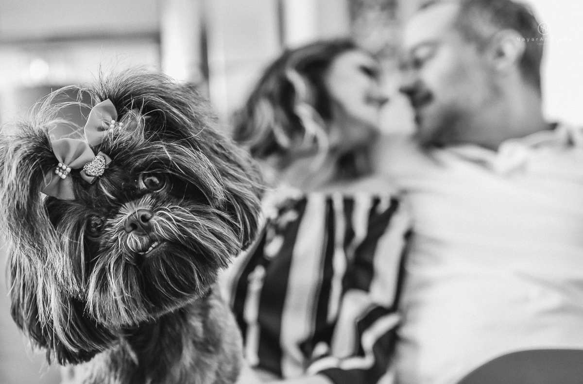 ensaio casal pre wedding feito na casa do casal com cafe, pipoca, cachorrinho e depois fotos feitas na praia com por do sol e a o anoitecer