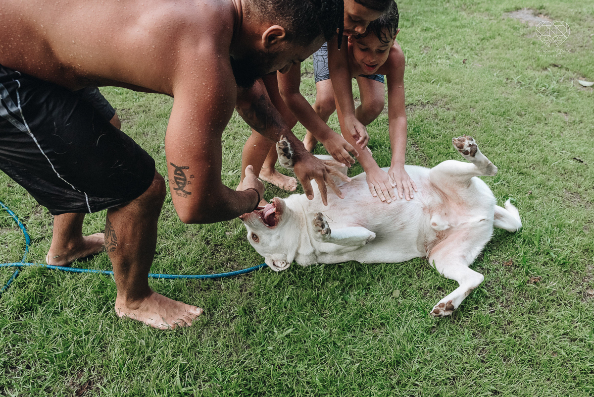 ensaio familia lifestyle brincando de mangueira no quintal de casa com o papai crianças e o cachorro fotografado pela fotografa premiada nayara andrade nayara andrade fotografia