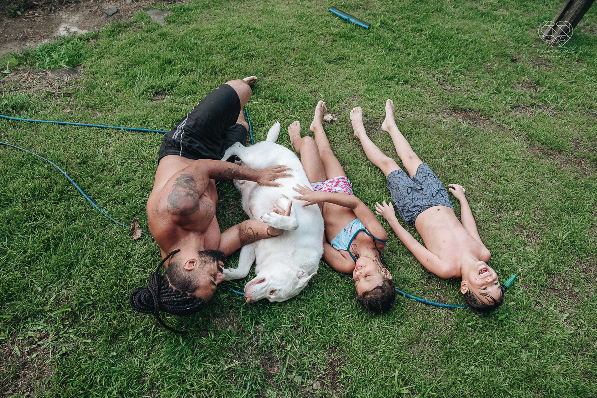 ensaio familia lifestyle brincando de mangueira no quintal de casa com o papai crianças e o cachorro fotografado pela fotografa premiada nayara andrade nayara andrade fotografia