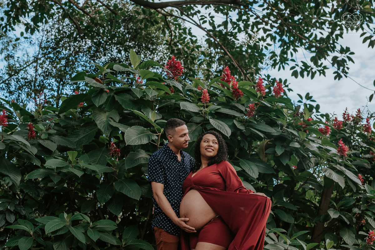 ensaio gestante ao ar livre com vestido longo  no verde arvore campo e gramas feito pela fotografa premiada nayara andrade fotografia de santos litoral de sao paulo