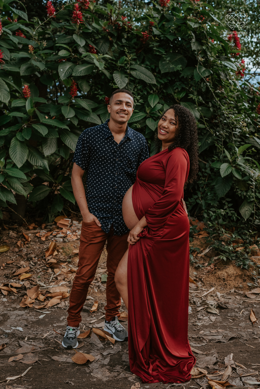 ensaio gestante ao ar livre com vestido longo  no verde arvore campo e gramas feito pela fotografa premiada nayara andrade fotografia de santos litoral de sao paulo
