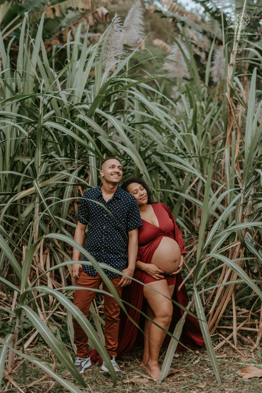 ensaio gestante ao ar livre com vestido longo  no verde arvore campo e gramas feito pela fotografa premiada nayara andrade fotografia de santos litoral de sao paulo