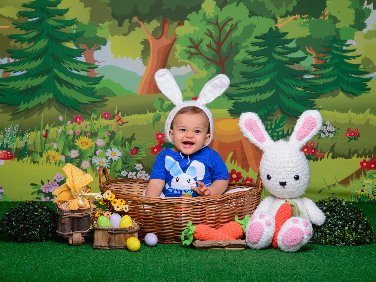 Sessão de Páscoa, coelhinho, cenoura, floresta, ovos de páscoa, flores.