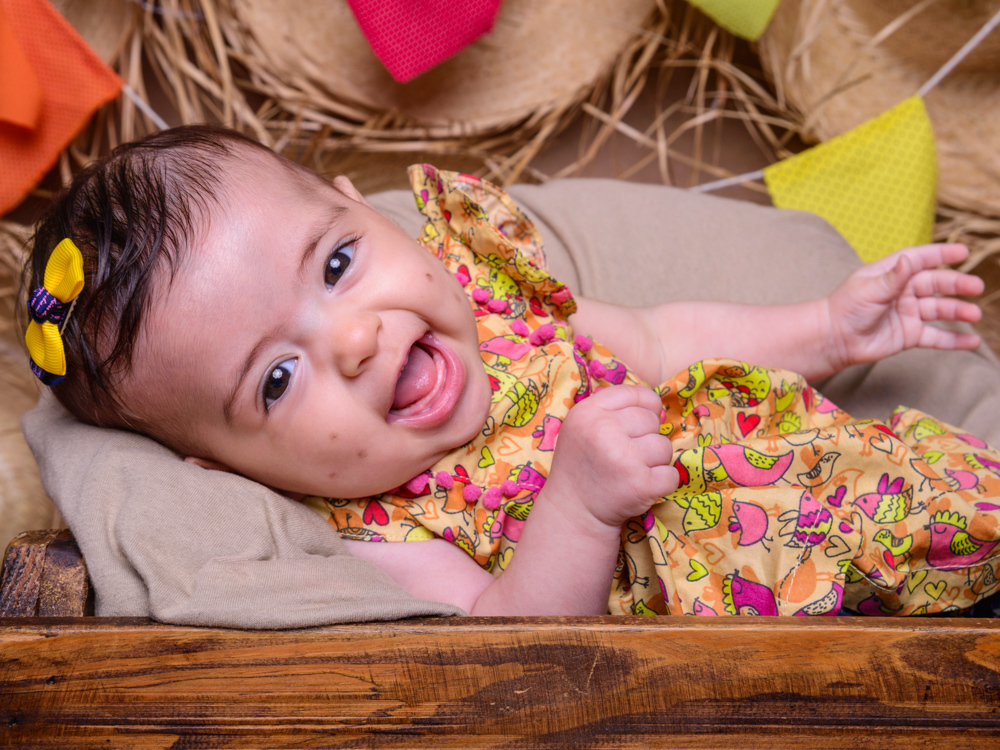 Sessão Festa Junina, caixa de madeira, bandeirinhas, chapéu de palha, vestido, pintinhas .